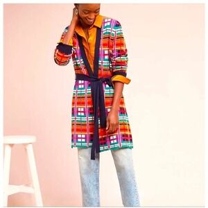 Moth Anthropologie Plaid Belted Open Knit Cardigan Sweater  Multicolor Size L
